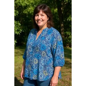4X‎ Blue Floral Print TOP Button Up V Neck Sleeve Blouse Pockets Feminine Plus